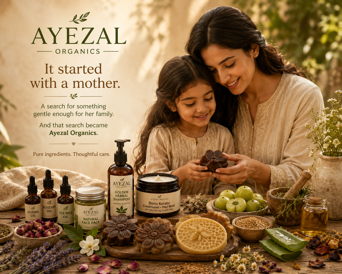 Ayezal Organics mother and daughter story surrounded by botanical products